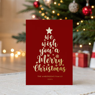 Elegant Script Red Gold Real Foil Merry Christmas  Holiday Card