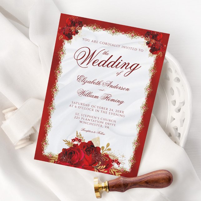 Elegant Script Red Gold Roses Floral Wedding Invitation (Creator Uploaded)