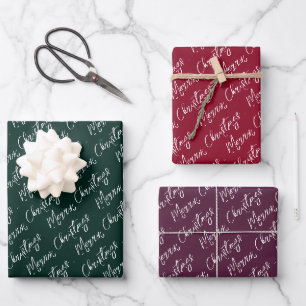 Elegant Script Red Green Purple Merry Christmas Wrapping Paper Sheet