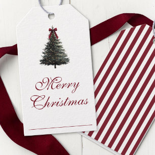 Elegant Script Red Green Watercolor Christmas Tree Gift Tags