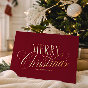 Elegant Script Red Merry Christmas Business Logo Foil Holiday Card