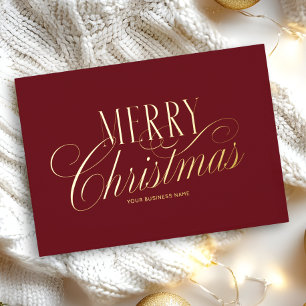 Elegant Script Red Merry Christmas Business Logo Foil Holiday Card