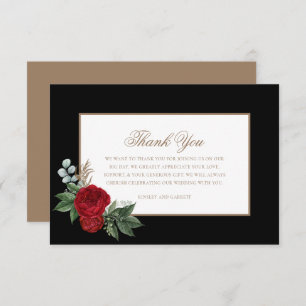 Elegant Script Red Peonies Black & Gold Thank You Card