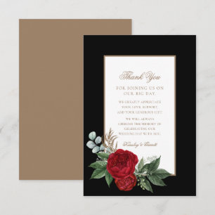 Elegant Script Red Peonies Black & Gold Wedding Thank You Card