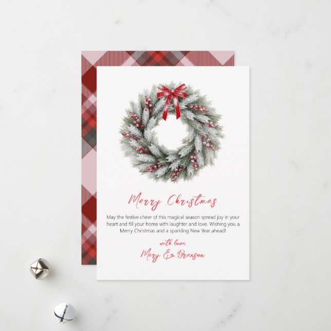 Elegant Script Red Plaid Non Photo Christmas Holiday Card (Front/Back In Situ)