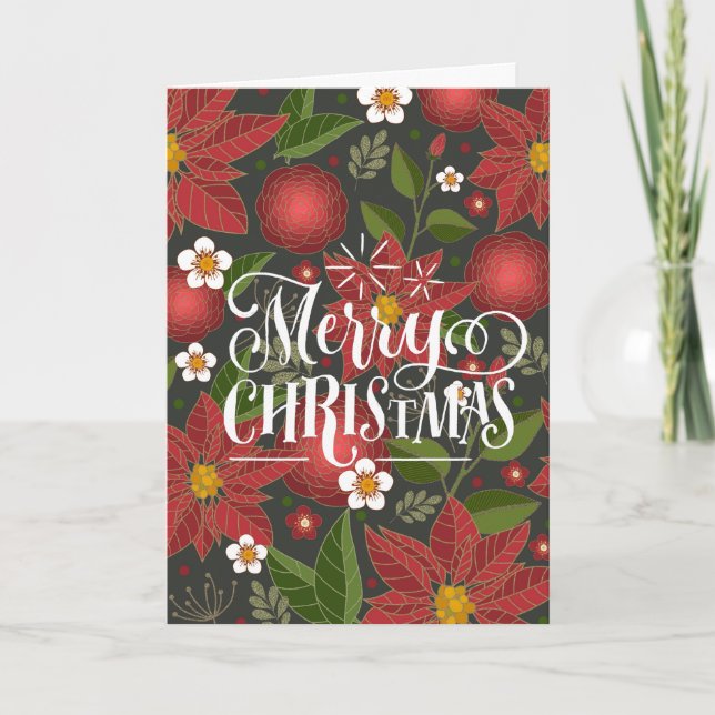 Elegant Script Red Poinsettia Floral Chic Business Holiday Card (Front)