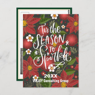 Elegant Script Red Poinsettia Green Photo Business Postcard