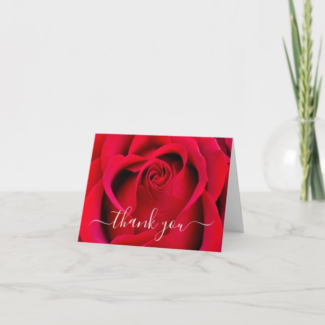 Elegant Script Red Rose Floral Thank You Card (Front)
