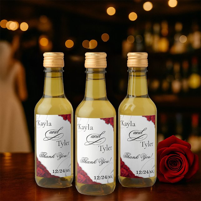 Elegant Script Red Roses Wedding  Wine Label (Elegant Script Red Roses Wedding Wine Labels)