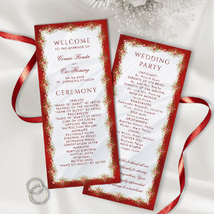 Elegant Script Red White Gold Filigree Wedding Programme