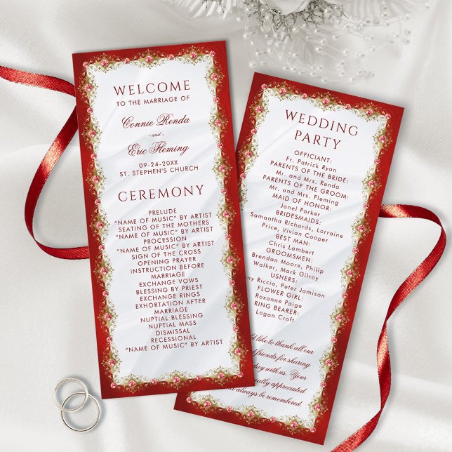 Elegant Script Red White Gold Filigree Wedding Programme (Creator Uploaded)