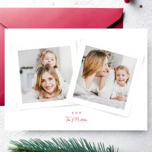 Elegant script red & white JOY christmas 3 photo Holiday Card