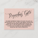 Elegant Script Regarding Wedding Gifts Blush Pink Enclosure Card<br><div class="desc">These elegant insert cards were designed to match other items in a growing event suite that features an elaborate swirling script over a solid background you can change to any colour you like. On the front side you read "Regarding Gifts" in the script; on the back I've placed a beautifully-rendered...</div>