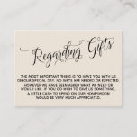 Elegant Script Regarding Wedding Gifts Cream Enclosure Card<br><div class="desc">These elegant insert cards were designed to match other items in a growing event suite that features an elaborate swirling script over a solid background you can change to any colour you like. On the front side you read "Regarding Gifts" in the script; on the back I've placed a beautifully-rendered...</div>