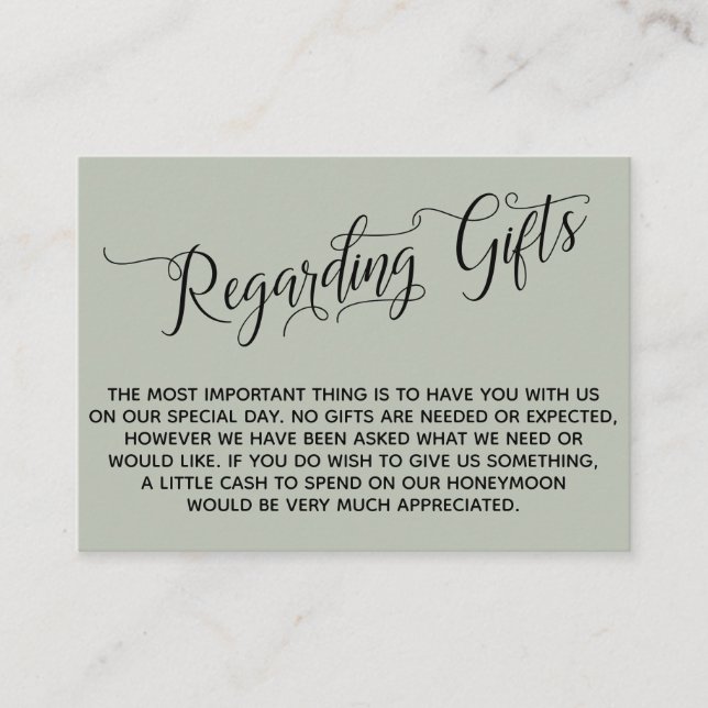 Elegant Script Regarding Wedding Gifts Sage Green Enclosure Card (Front)