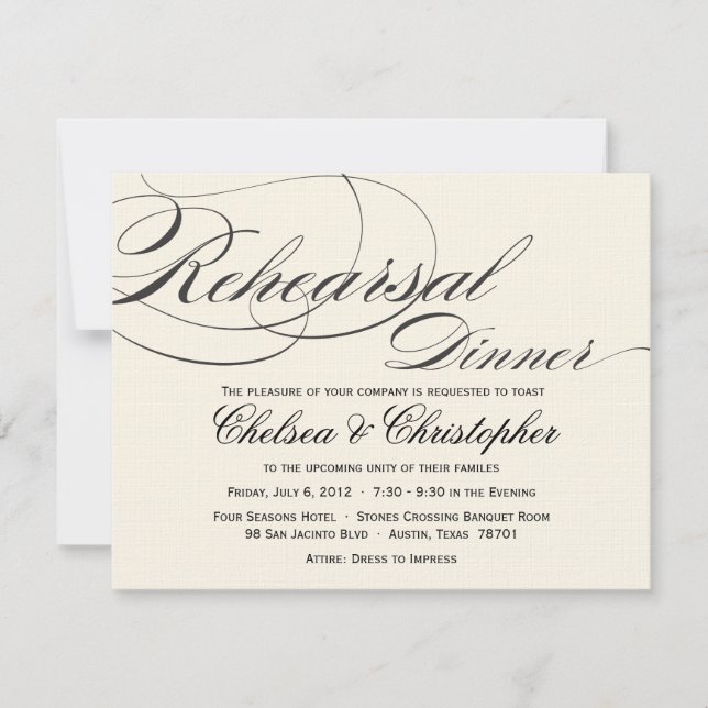 Elegant Script Rehearsal Dinner - Black/Off White Invitation (Front)