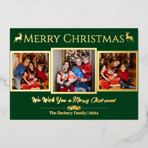 Elegant Script Reindeer Christmas Family 3 Photo Foil Holiday Card