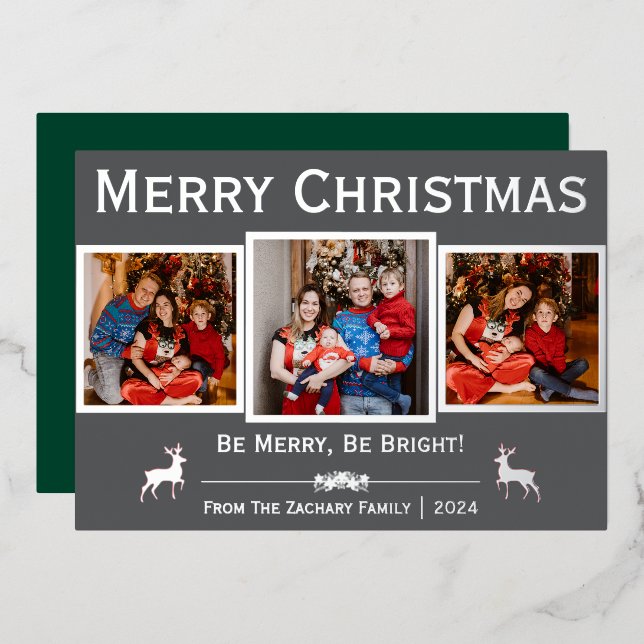Elegant Script Reindeer Christmas Family 3 Photo Foil Holiday Card (Front/Back)