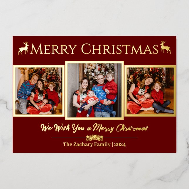 Elegant Script Reindeer Christmas Family 3 Photo Foil Holiday Card (Front)