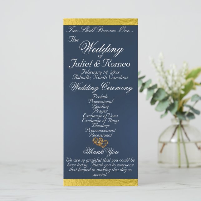 Elegant Script & Ribbon - Blue/Gold Wedding Programme (Standing Front)