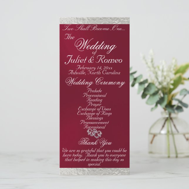 Elegant Script & Ribbon - Burgundy/Silver Wedding Programme (Standing Front)