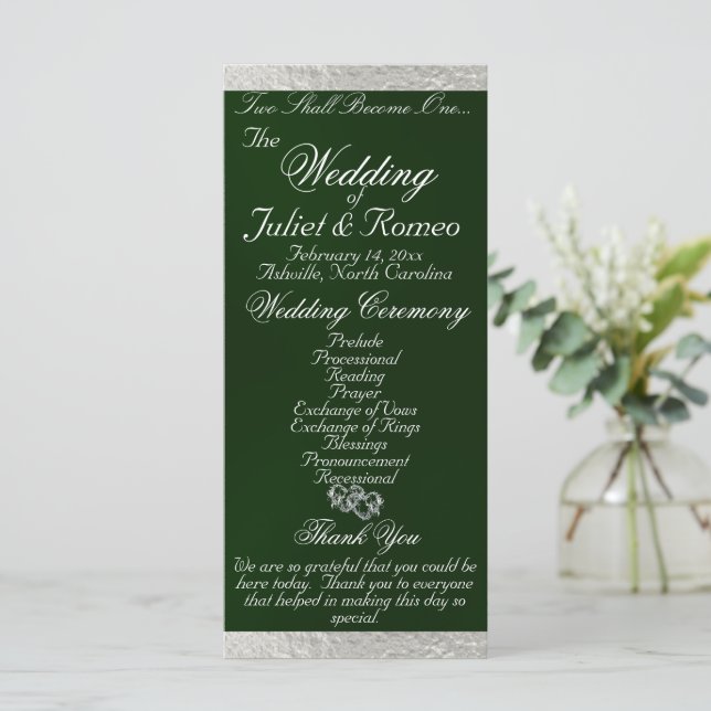 Elegant Script & Ribbon - Emerald/Silver Wedding Programme (Standing Front)