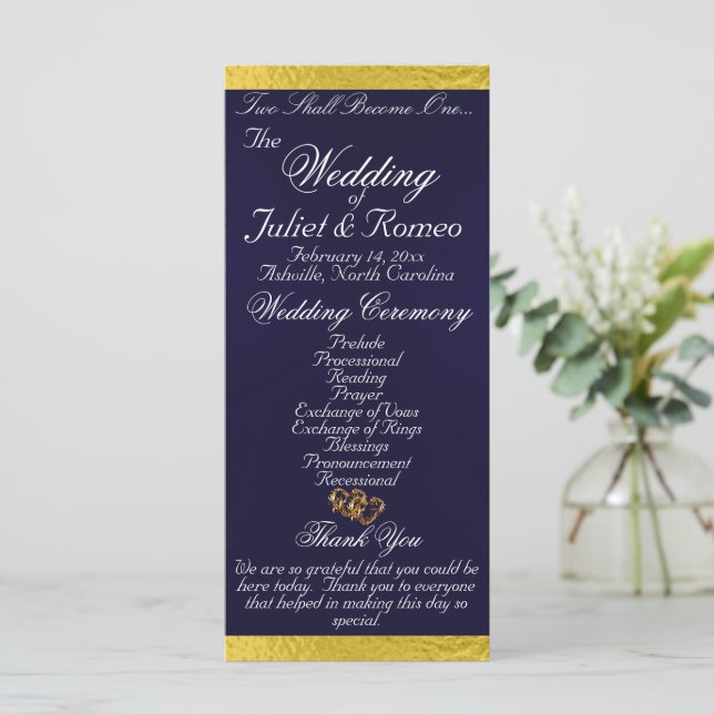 Elegant Script & Ribbon - Navy Blue/Gold Wedding Programme (Standing Front)