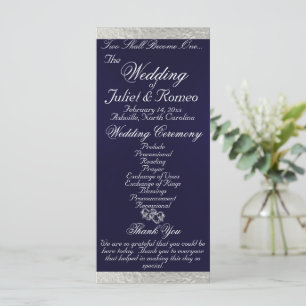 Elegant Script & Ribbon - Navy Blue/Silver Wedding Programme