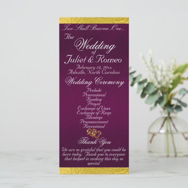 Elegant Script & Ribbon - Purple/Gold Wedding Programme (Standing Front)