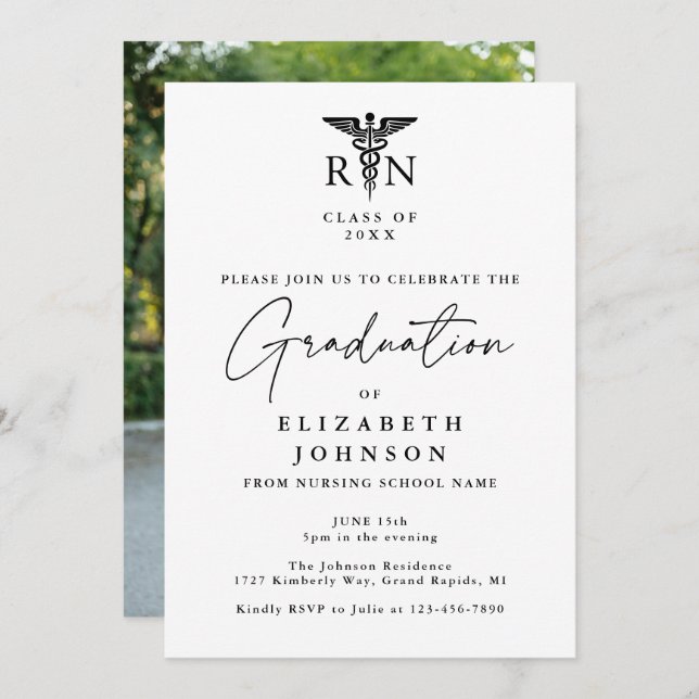 Elegant Script RN Nursing Photo Graduation Party Invitation (Front/Back)