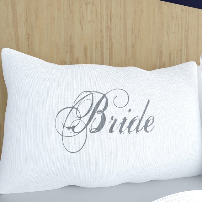 Elegant Script Romantic Bride White Wedding Pillowcase (An elegant font that says Bride on this pillow case. You can easily change it to your name)