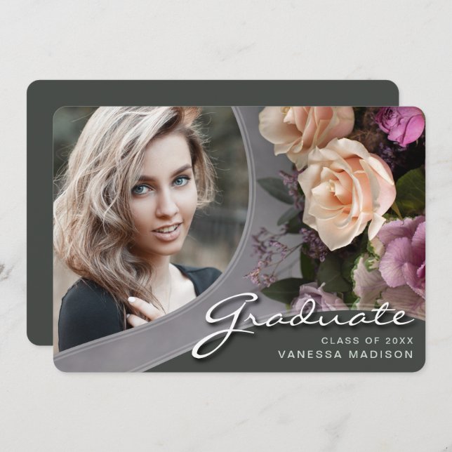 Elegant Script Rose Flowers | Modern Photo Grad An Announcement (Front/Back)