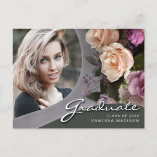 Elegant Script Rose Flowers   Modern Photo Grad Postcard