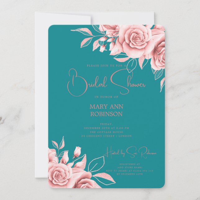 Elegant Script Rose Gold Floral Bridal Shower Teal Invitation (Front)