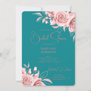 Elegant Script Rose Gold Floral Bridal Shower Teal Invitation