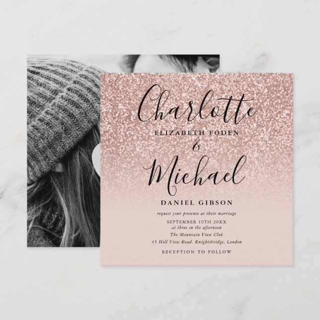 Elegant Script Rose Gold Glitter Wedding Photo Invitation (Front/Back)