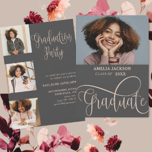 Elegant Script Rose Gold Photo Collage Graduate  Invitation