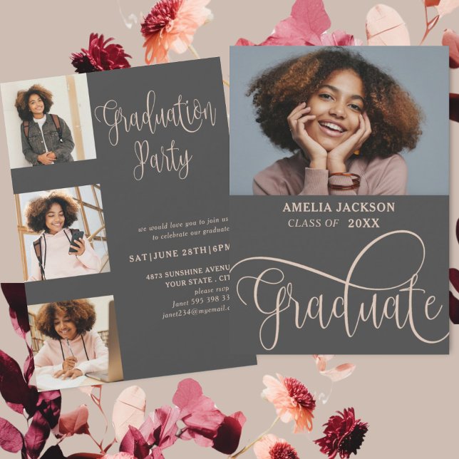 Elegant Script Rose Gold Photo Collage Graduate  Invitation (Creator Uploaded)