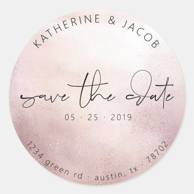 Elegant Script Rose Gold | Save The Date Classic Round Sticker (Front)