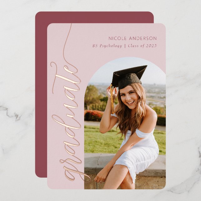Elegant Script Rose Pink Graduation Arch Photo (Front/Back)