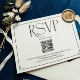 Elegant Script RSVP QR Code Black White Wedding  Card