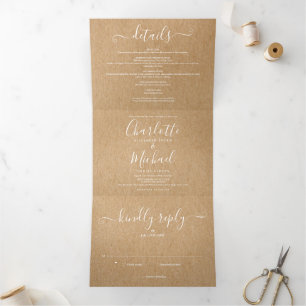 Elegant Script Rustic Kraft Photo Wedding Tri-Fold Invitation