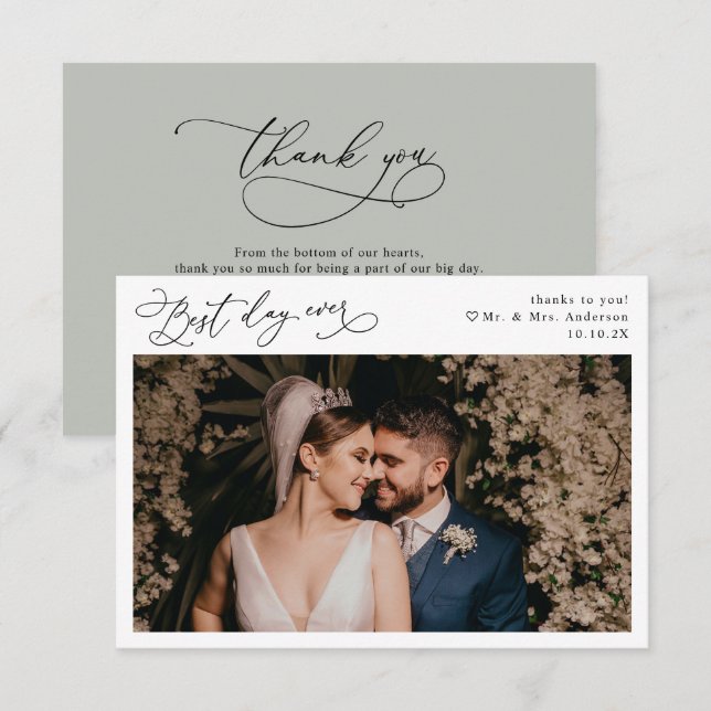 Elegant Script Rustic Sage Green Wedding Photo Thank You Card (Front/Back)