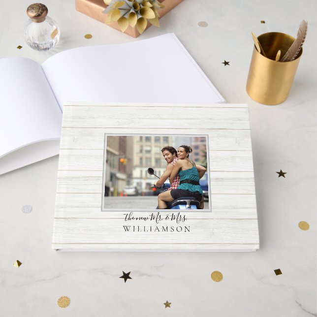 Elegant Script Rustic Wood New Mr And Mrs Photo Guest Book (Front Open)