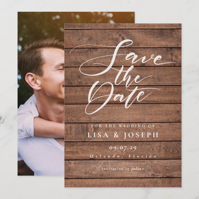 Elegant Script Rustic Wood Photo Wedding Save The Date (Front/Back)