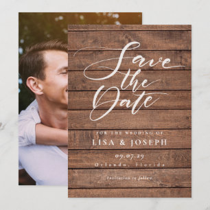 Elegant Script Rustic Wood Photo Wedding Save The Date