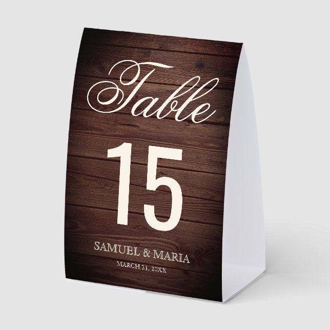 Elegant Script Rustic Wood Wedding Table Number (Front)