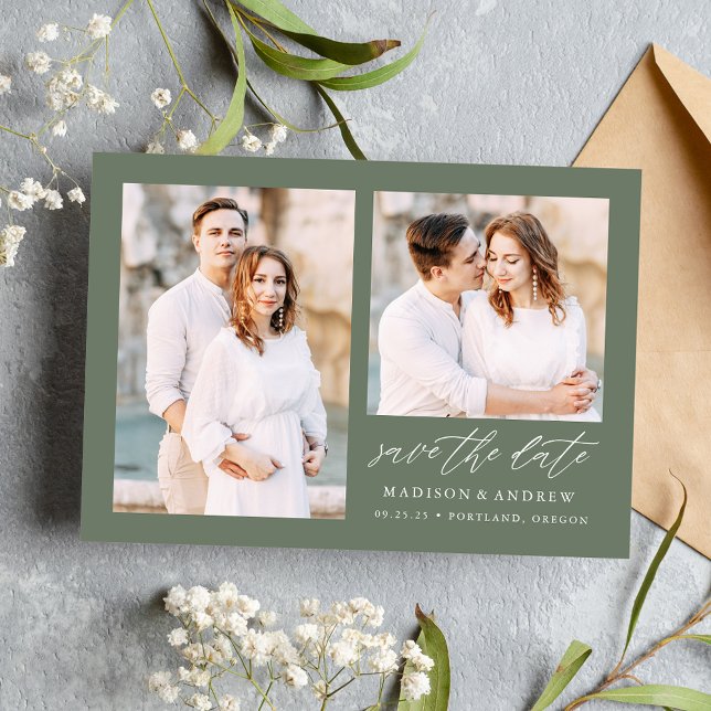 Elegant Script Sage Green 2 Photo Save The Date (Creator Uploaded)