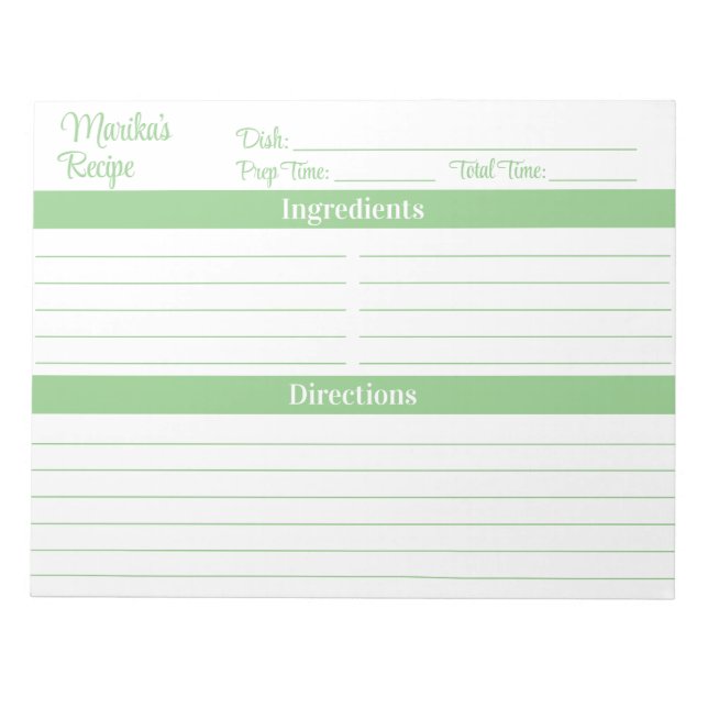 Elegant Script Sage Green 8.5x11 Recipes Notepad (Front)
