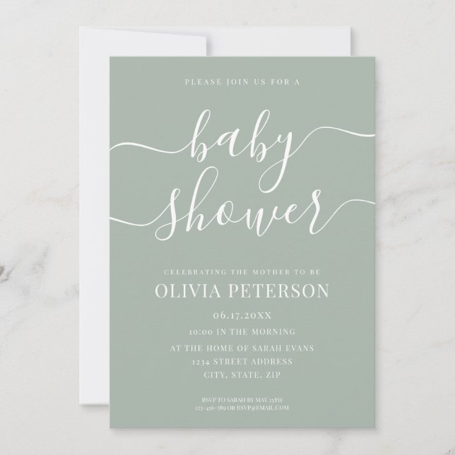 Elegant Script Sage Green Baby Shower Invitation (Front)
